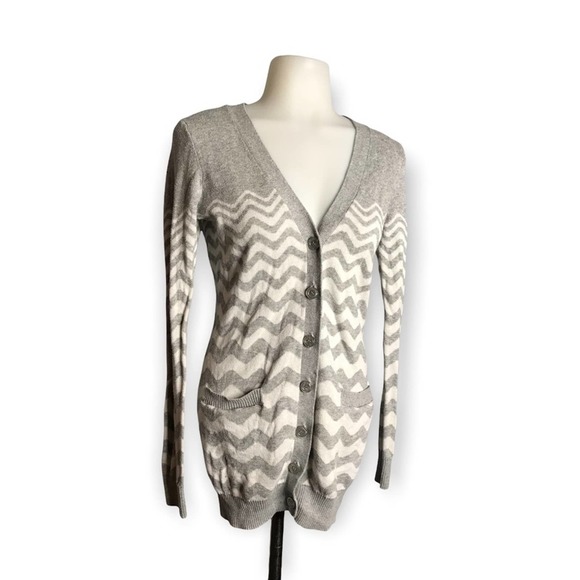 Ruby Moon | Elbow Patch Striped Button Down Cardigan Grey & White - Picture 6 of 10